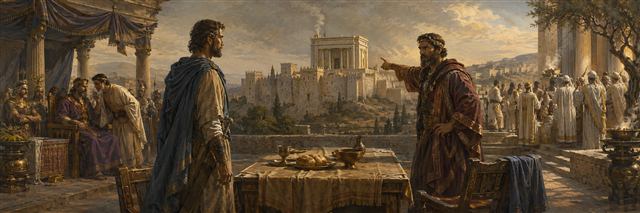 An abandoned friendship table separates Judas from Nicanor as priests pray beside the threatened temple